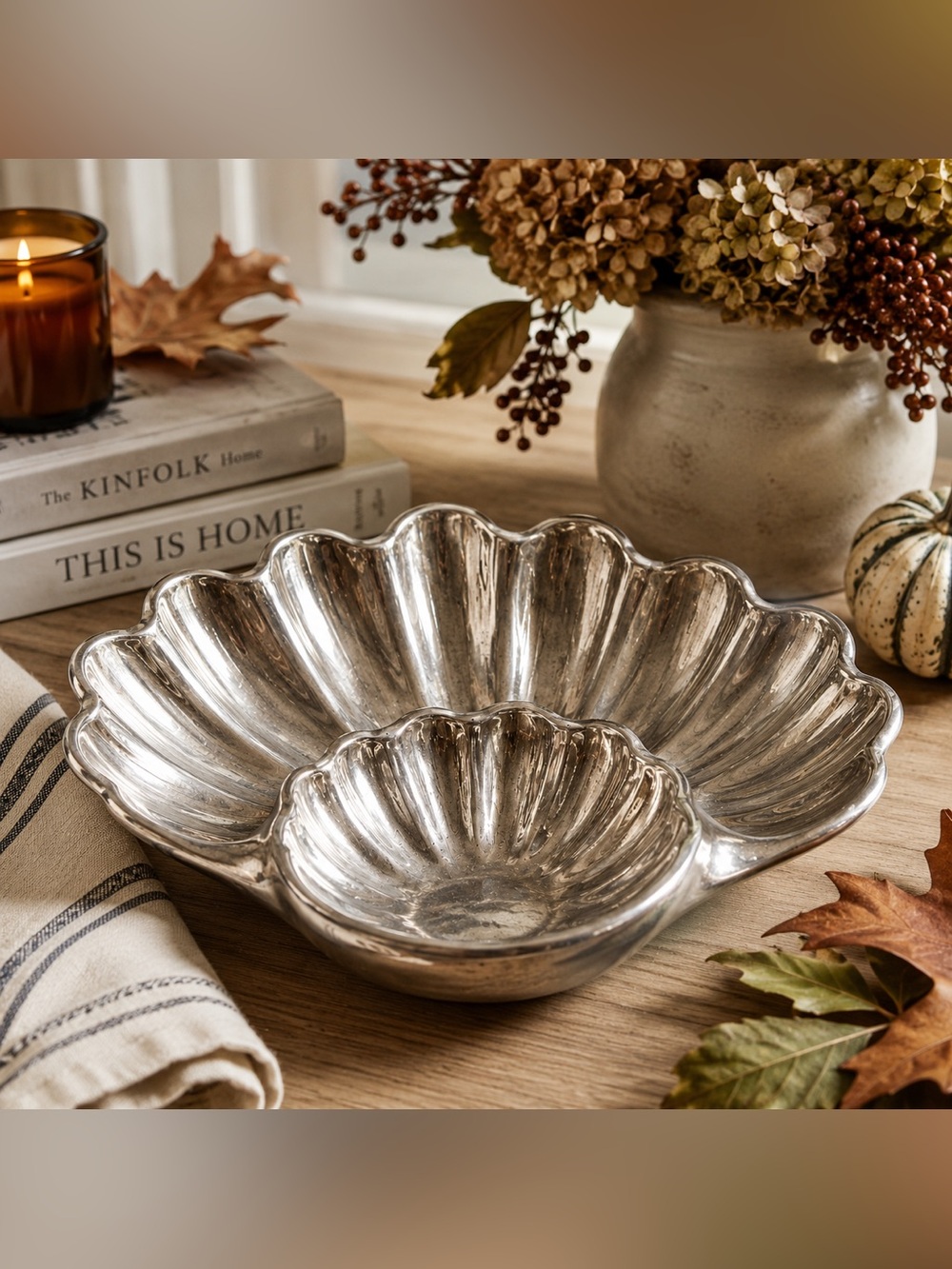 Vintage Pewter Shell Serving Bowl Chip & Dip Coastal Entertaining Tray